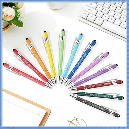 Zonon 12 Pieces Inspirational Pens Bulk Easter Basket Stuffers Motivational Quotes Ballpoint Pens with Stylus Tip Inspirational Gifts for School Office Teachers(Fancy Color,Funny Week)