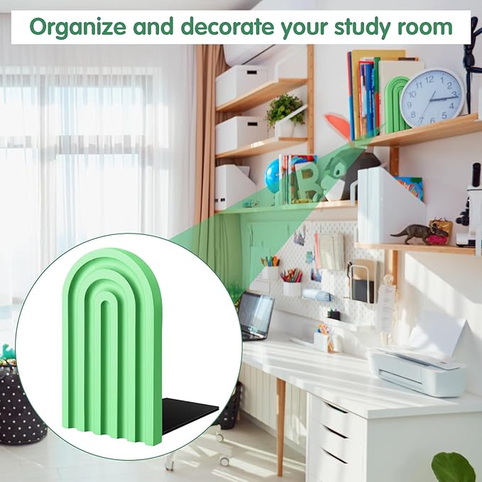 Harloon 4 Pieces Boho Arch Wood Bookends Rainbow Arch Back to School Gift Ideas Non Skid Bookend Decorative Wooden Book Stand Book Stoppers for Books Movies CDs (Green Color)