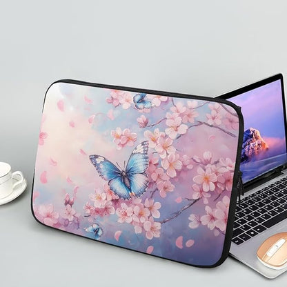 Butterfly Print Laptop Bag for Girls, 13 Inch Peach Blossom Laptop Sleeve Soft Laptop Case Bag for Girls, Waterproof Laptop Briefcase Computer Bag with Zipper