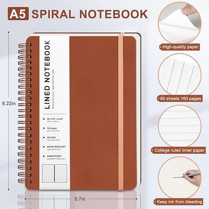 ABERLLS Brown Lined Spiral Journal Notebook with 160 Pages, 8×5.7in, A5 Spiral Notebook, Journaling Notebooks for Work, School, Women, Men, College Ruled Spiral Notebook, Hardcover Leather Journals