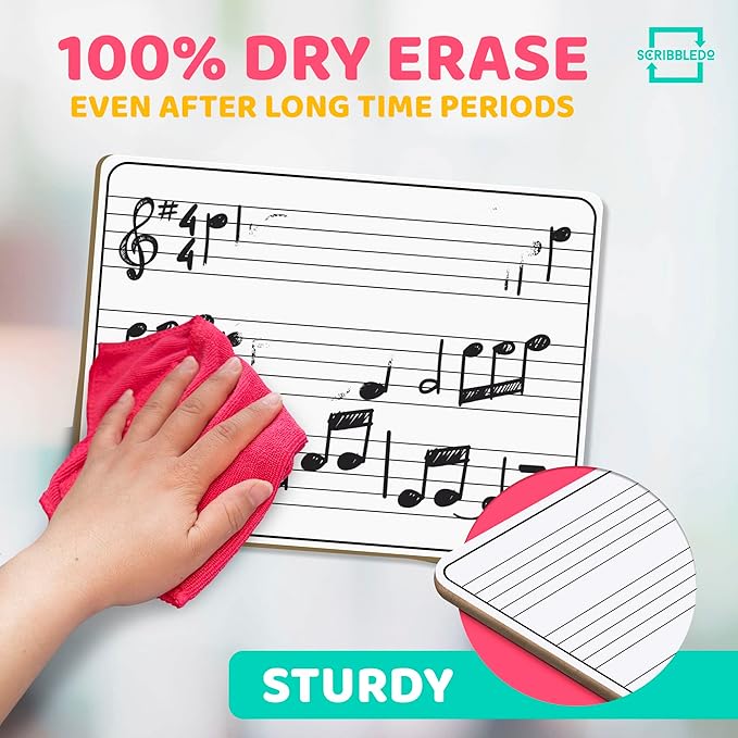 Scribbledo 10 Pack Dry Erase Music Staff Lap White Boards 9"X12" l Write Musical Notes and More Whiteboard (Double Sided) Music Classroom Supplies Must Haves Includes 10 Erasers