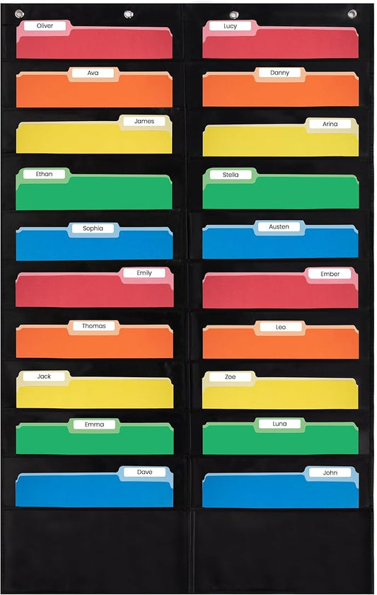 20 Pocket File Pocket Chart, Black, 28" Wide x 46" Tall - Versatile Wall Hanging File Folder Organizer for Classroom, Office, Home, and More - Wall Folder Organizer - 20 Pockets