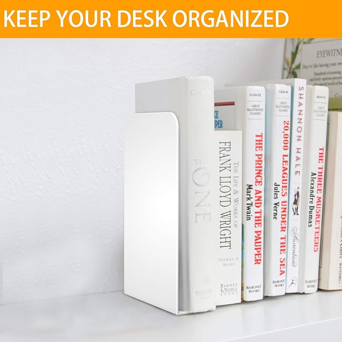 VFINE Bookends 1 Pair, White Metal Book Ends, Bookends for Shelves, Book Stopper for Heavy Books, Book Dividers for Home Office