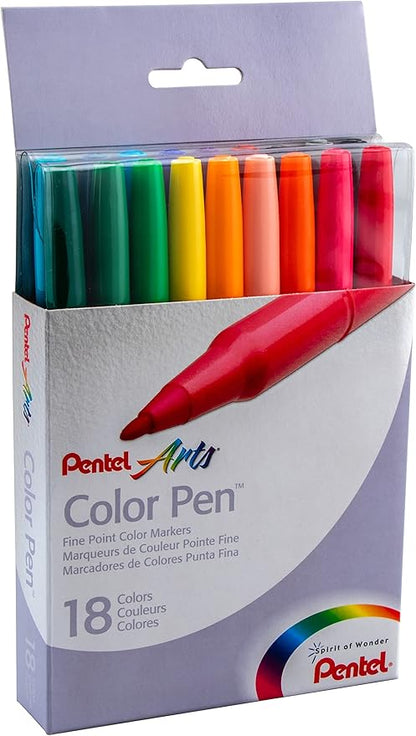 Pentel Color Pen, Fine Point Color Markers, Fiber Tip, Assorted Colors, Set of 18 (S360-18) (Pack of 1, 18 Count Total)