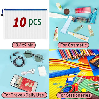 AUSTARK 10 Pcs Zipper File Bags, Waterproof Plastic Mesh Pouch for Office School, Board Game Storage Bags (A4 Size 13.4''x9.4'', White and Blue)