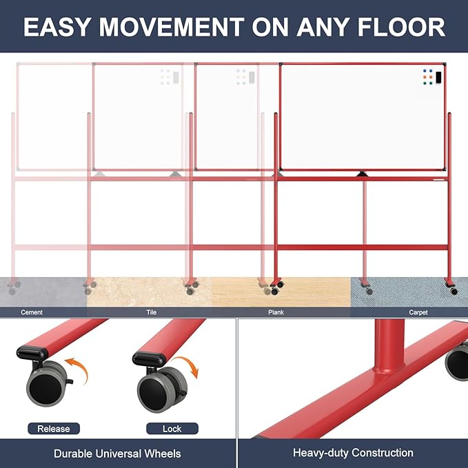 Rolling Whiteboard, 48x32 Inches Dry Erase Board with Stand, Magnetic Mobile Whiteboard on Wheels, Standing White Board for Office, School, Home, Large Double Sided White Board with Paper Pad