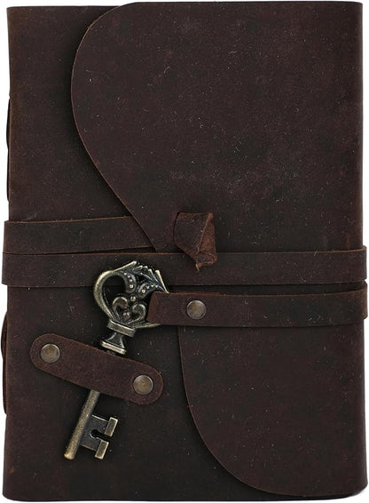 Fausta Vintage Handcrafted Leather Journal with Key for Writing, 240 Pages 8 x 6 inches, Deckled Cotton Paper Notebook/Diary for Men and Women 150 GSM Drawing/Sketchbook, Rustic Brown