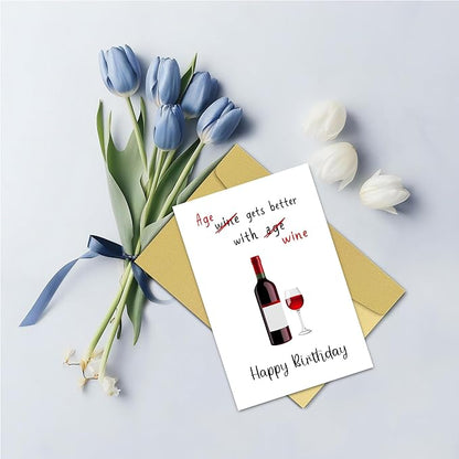 Funny Wine Birthday Card for Women Men - Age Gets Better With Wine, Humorous Birthday Card for Friends, Hilarious Birthday Card for Wife Husband