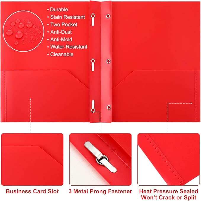 Cholemy 6 Pcs Plastic Pocket Folders with Prong 2 Heavy Duty Pockets Folders with 3 Prongs Letter Size Paper Folders Bulk File Plastic Folders with Fasteners for Office Workers (Red)