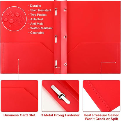 Cholemy 6 Pcs Plastic Pocket Folders with Prong 2 Heavy Duty Pockets Folders with 3 Prongs Letter Size Paper Folders Bulk File Plastic Folders with Fasteners for Office Workers (Red)