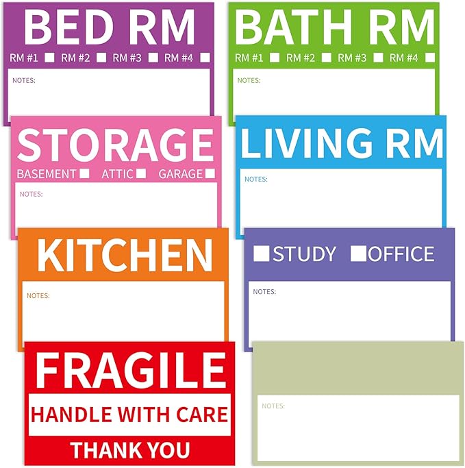 510 Home Moving Labels, 3.4 x 2 inches, 8-Color Coded Packing Box Stickers with Fragile and Blank Customizable Labels