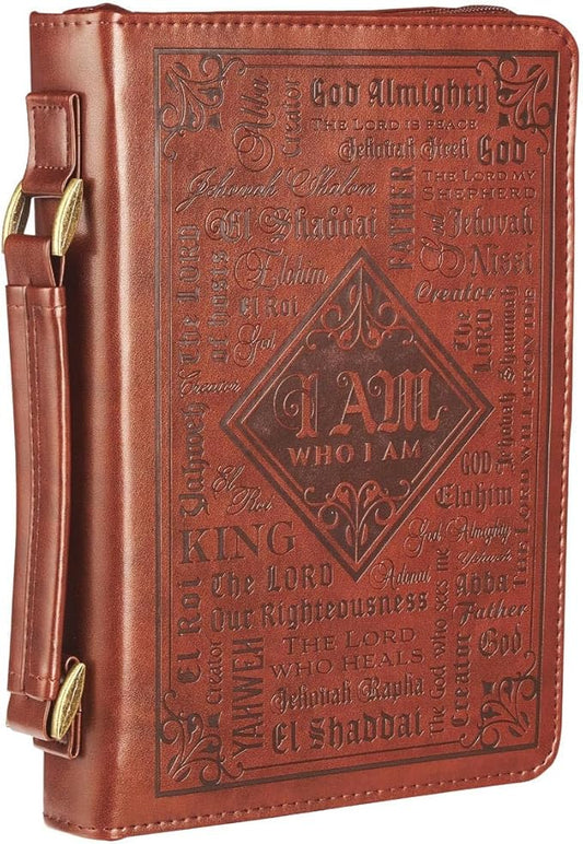 Christian Art Gifts Men's Classic Bible Cover Names of God Exodus 34:6, Brown Faux Leather, Medium