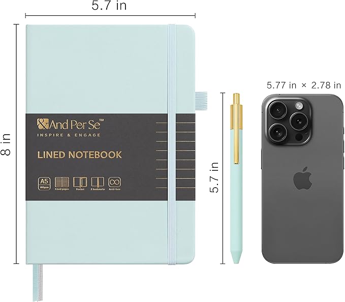 A5 Lined Leather Journal and Pen Set, Hardcover Notebook with Pen, 160 Pages 100gsm Thick Ruled Paper for Men Women, for Work, Business, School or Home Writing, 5.7'' x 8'' (Cyan-Set1)