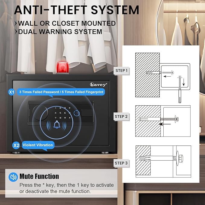 Kavey 0.8 Cub Safe Box, Biometric Safe with Backlit Touch Screen Keyapd and Fingerprint Lock, Home Safe with Dual Alarm System and Mute Function, Small Safe Box for Money Documents Valuables, K-25W