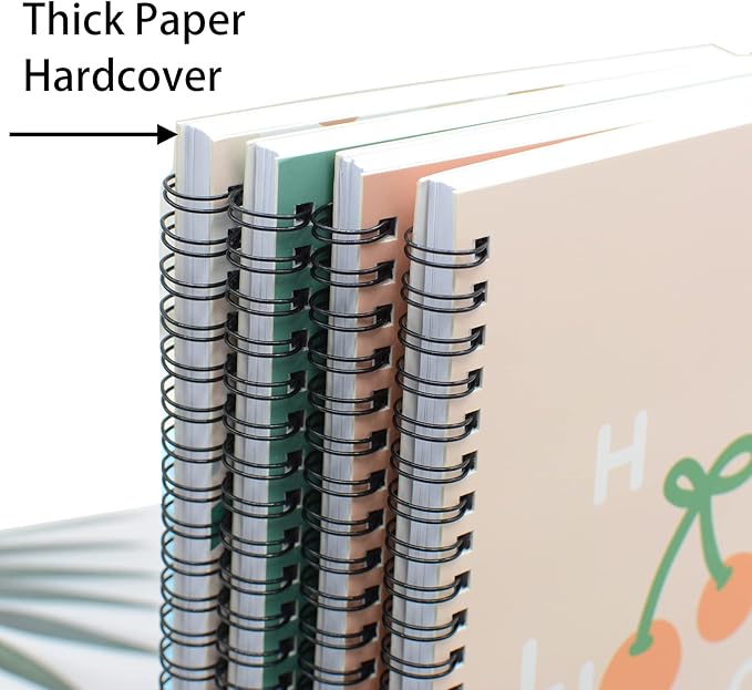 Yansanido Spiral Notebook, 4 Pcs A5 Cherry Design Hardcover 8mm Ruled 4 Color 80 Sheets -160 Pages Journals for Study and Notes (Cherry)