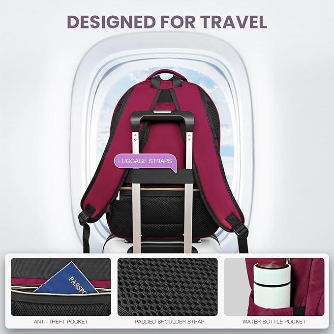 Travel Laptop Backpack for women, Work Backpack Woman with USB Charging Port, Water Resistant College Backpack, Stylish Quilted Girls Backpack Casual Daypack for 15.6 Inch Laptop, Red