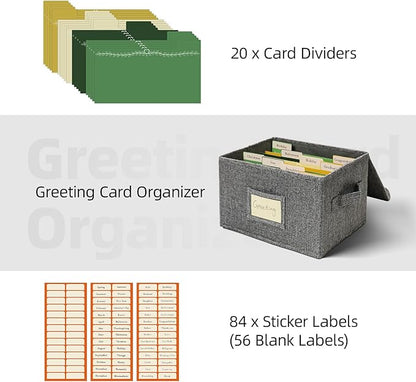 Vienrose Greeting Card Organizer Storage Box with 20 Removable Dividers, 84 Self-stick Labels, Perfect for Photos, Envelopes, Scrapbooking, Paper, Stickers Holder 1 Pack Grey