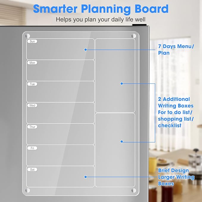 Acrylic Meal Planner Magnetic Menu Board for Kitchen Fridge w/Markers, Clear Weekly Calendar Planning Board Noteboard Refrigerator Dry Erase Board to Do/Grocery/Shopping List/Chore Chart, 12.8x9’’