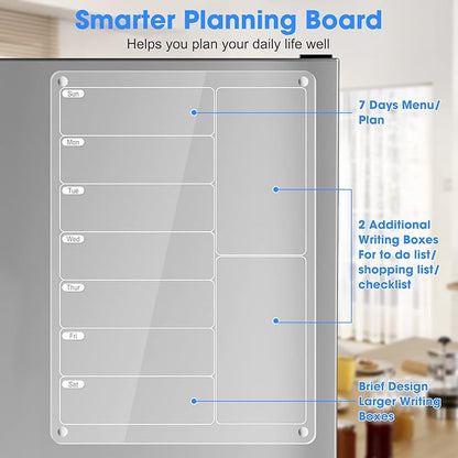 Acrylic Meal Planner Magnetic Menu Board for Kitchen Fridge w/Markers, Clear Weekly Calendar Planning Board Noteboard Refrigerator Dry Erase Board to Do/Grocery/Shopping List/Chore Chart, 12.8x9’’