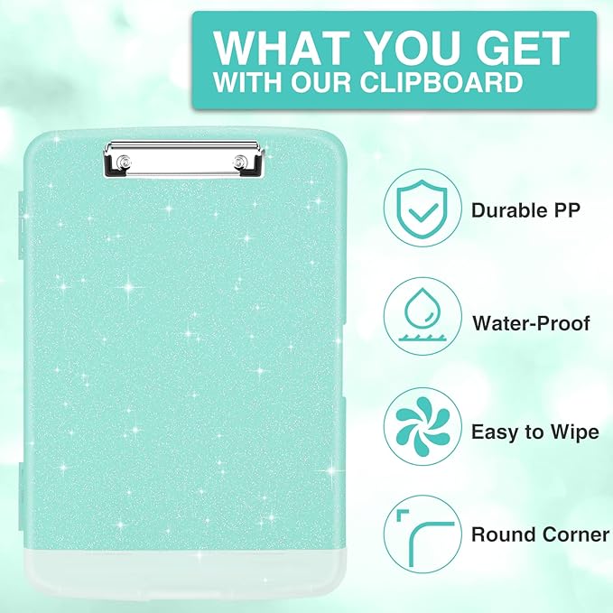 Sooez Glitter Clipboard with Storage, High Capacity Clip Boards 8.5x11 with Pen Holder, Cute Clipboards with Low Profile Clip, Sparkle Plastic Clip Board Case Box for Women & Kids, Side Opening