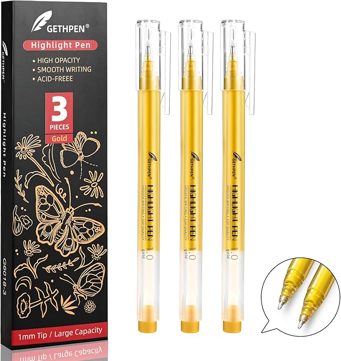 Gold Pens, 3Pack,1mm Extra Fine Point, Gold Gel Pens for Artists, Gold Gel Pen, Gold Ink Pen, Gold Pens for Black Paper, Gold Drawing Pens,Gold Pen for Artists Drawing