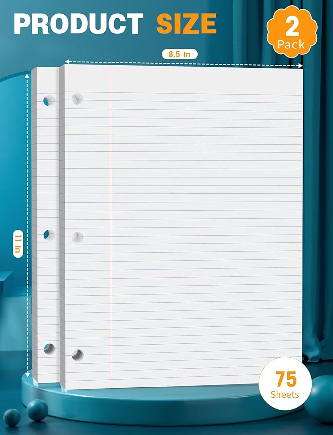 Loose Leaf Paper, 150 Sheets, 2 Pack Wide Ruled Filler Paper 8.5 x 11, 3 Hole Pouched, Standard, Loose Leaf Notebook Paper 8.5 x 11 Inch for Binder, Loose Leaf Filler Paper for Office, 75 Sheets/Pad
