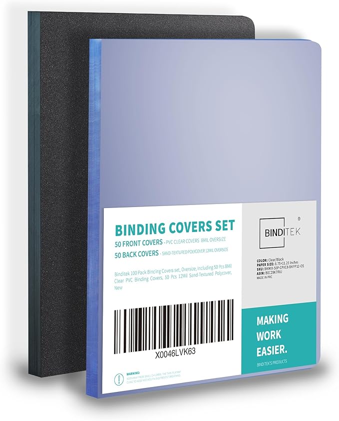 Binditek 100 Pack Binding Covers and Backs Set, Oversize, Including 50 Pcs 8 Mil Clear PVC Binding Covers, 50 Pcs 12 Mil Sand-Textured Polycovers, 8.75 x 11.25 Inches