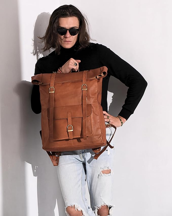 Genuine Leather Backpack for Men - 17.3 Inch Laptop - Designer Roll-top bookbag - Vintage Fashion rucksack back pack for work & travel, X-Large Tan (Brown)