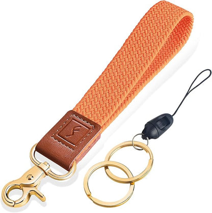 Fishent Stretchy Wristlet Keychain,Braided Cute Wrist Lanyards for Keys, Key Chain Holder for Women Men, Wrist Strap Keychain for Car Keys Phone Camera Wallet ID Badges Card (Orange)
