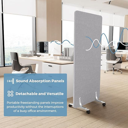 70.8" W x 63" H Freestanding Partition Room Dividers, Acoustic Panels with Wheels, 3 Soundproof Privacy Panels for Office, Reception Room, School, Hospital, Light Grey