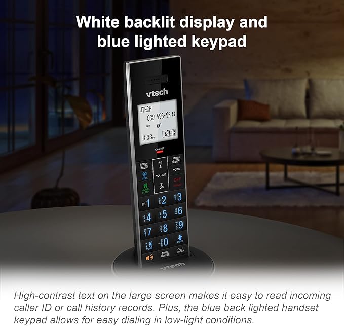 VTech LS6381 DECT 6.0 Cordless Phone with Bluetooth Speaker, Echo Cancellation, Noise Reduction, Music Streaming, Landline Phone with Answering Machine Easy to Read Smart Call Blocker