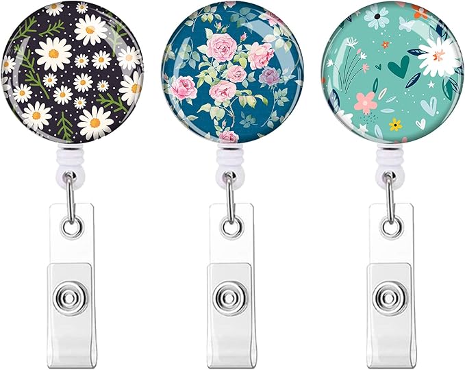 Retractable ID Badge Holder Nurse Badge Reels with Clip Name Card Holders for Office Worker Doctor Nurse (Cute Flowers 3 Pack)