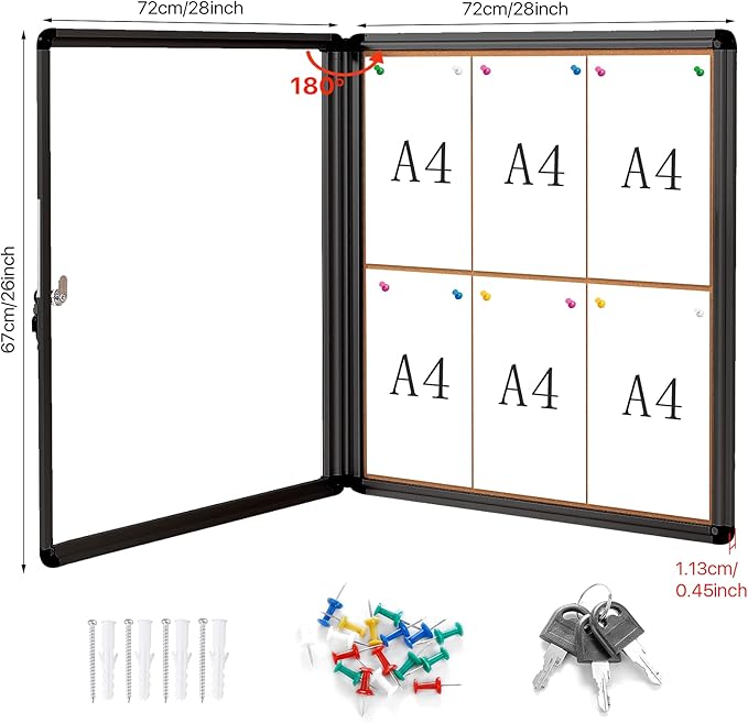 SWANCROWN Lockable Noticeboard Wall-Mounted Bulletin Cork Boards Tamper Proof Information Board Indoor,Black Frame,28x26 inch (6xA4)