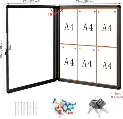 SWANCROWN Lockable Noticeboard Wall-Mounted Bulletin Cork Boards Tamper Proof Information Board Indoor,Black Frame,28x26 inch (6xA4)