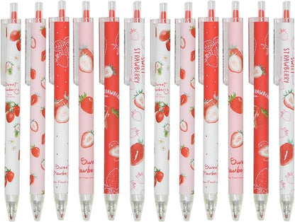 YYaaloa 12pcs Cute Strawberry Pens Black Gel Ink Pens Retractable 0.5mm Gel Pens Nice Gifts Fun Pens for Kids Girls Boys Christmas Gifts