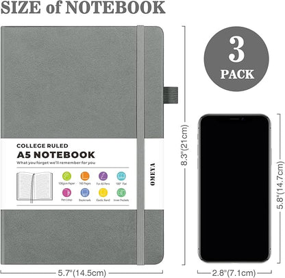 OMEYA Lined Journal Notebook, 3 Pack A5 College Ruled Notebooks for Work, Hardcover Notebook Each with 2 Pockets & Pen, Leather Journal for Women, Men, 160 Pages, 100GSM Thick Paper (Grey)