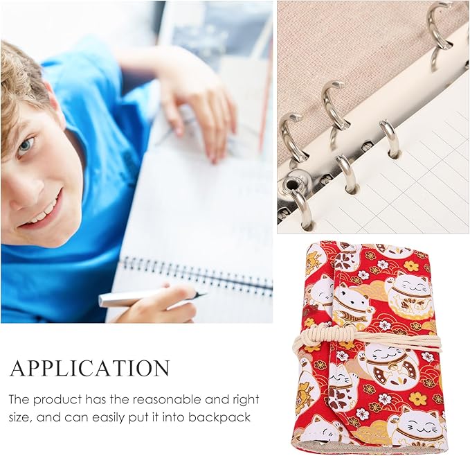 Tofficu A6 Budget Binder Japanese Maneki Neko Lucky Cat 6 Ring Planner Notepads Money Organizer Cotton and Linen Notebook Cover for Cash Bills Coupon Budgeting Expense Saving