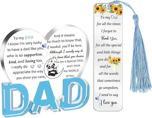 Daddy Gifts for Men Acrylic Plaque Bookmark Set Birthday Gifts for Dad Personalised Heart Keepsake Bookmarker Fathers Day Christmas Gifts for Papa from Daughter Son Dad You are The World