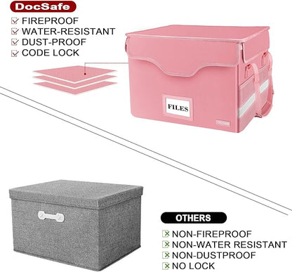 DocSafe File Box Fireproof Document Box with Lock,File Storage Organizer Box with Insert Pockets,Collapsible Portable File Box Home Office File Cabinet with Handle for Hanging Letter/Legal Folder,Pink