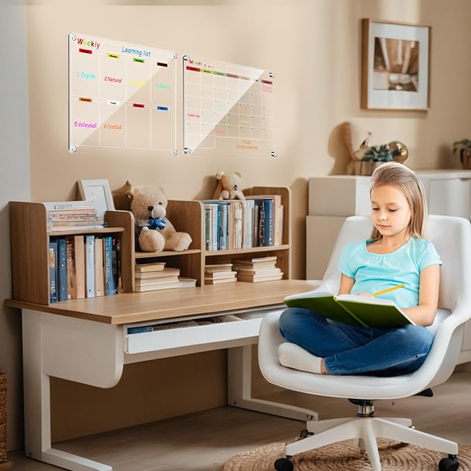 Fridge Calendar Meal Planning Board, Dry Erase Acrylic Magnetic Monthly Weekly Calendar Planner for Refrigerator with 6 Colors Markers (Transparent-Weekly+Monthly(15.7x11.8"))