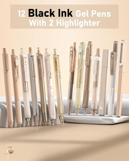 Four Candies 14Pack Pastel Gel Ink Pen Set,Cute Retractable 0.5mm Fine Point Pen,Note Taking Aesthetic Pens,12 Pack Black Ink Pens with 2Pack Highlighter, Smooth Writing Pens for School, Office(Brown)