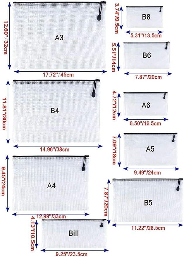 Oaimyy-A6(6"x 4.5"), Mesh Zipper Pouch Document Folders Bag Plastic Zip File Folders for School Office Supplies, Travel, Organizing Storage-Black,6 Pcs