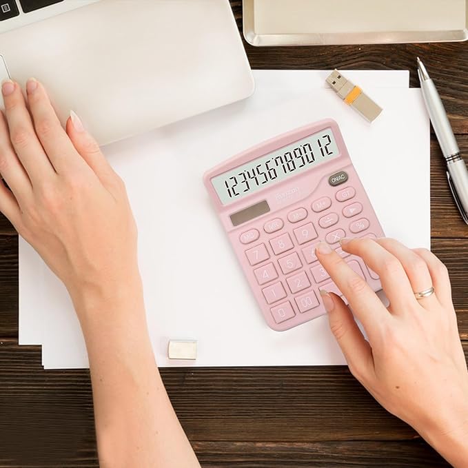 2PC Pink Calculator, Solar Battery Dual Power Calculator,Desktop Calculator 12 Digit with Large LCD Display, Pink Office Supplies with Sensitive Button, Pink Desk Accessories, School Supplies