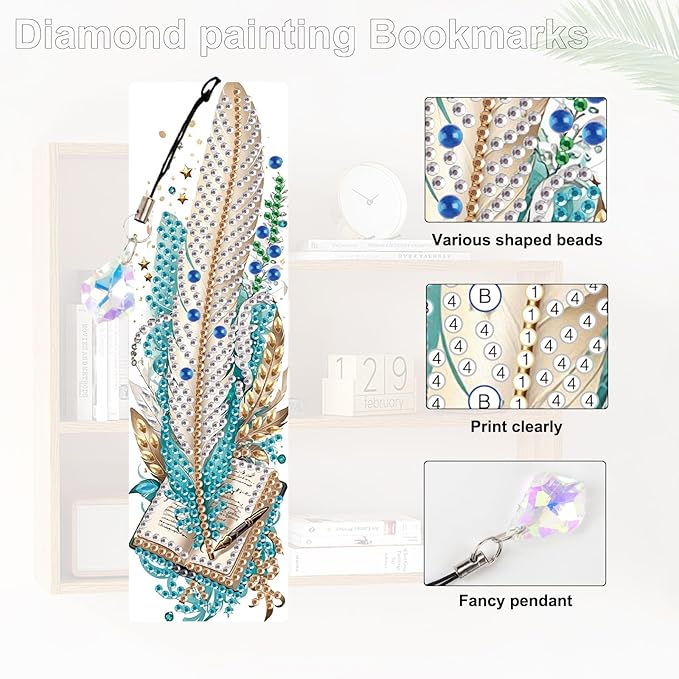 4-Piece 5D Diamond Painting Bookmarks Set, DIY Craft Kit with Rhinestones – Creative Artistic Peacock Feather Design, Diamond Art Craft Bookmarks with Tassels for Adults, Perfect for Gifts