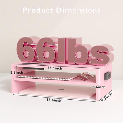 BONTEC Monitor Stand Riser, 2 Tiers Wood Monitor Riser Stand with Storage Organizer, Desktop Ergonomic Monitor Stand Riser with Cellphone Holder and Cable Management, 16.7 Inch Shelf, Pink