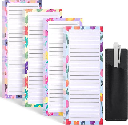 4 Pack Magnetic Note Pad for Fridge with Pen Holder, Totally 200 Sheets Grocery List Magnet Pad for Refrigerator Magnetic Shopping List Pad（Floral Design）