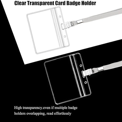 100Pcs Clear Plastic Horizontal Name Tags Badge ID Card Holders and 100Pcs Lanyards with Clip (Grey)