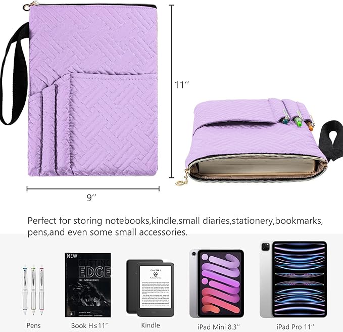 Book Sleeve with Zipper, 11"X9" Padded Book Protector, Washable Quilted Book Covers for Paperbacks, Book Pouch with Pockets for Book Lover Gifts