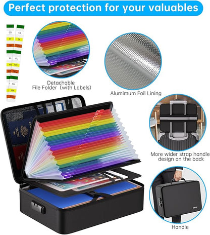 ENGPOW Fireproof Document Box with Lock, 5200℉ Soft Case Fireproof Box with 25 Colorful Pocket Accordion File Folder, Fireproof Water Resistant Safe Box File Organizer for Important Documents