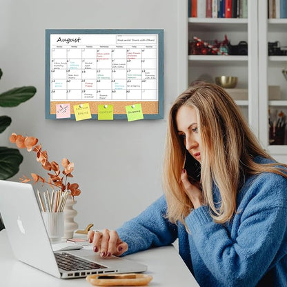 Whiteboard Calendar & Corkboard for Wall, 17"x13" Dry Erase Monthly Calendar with Wood Framed, Magnetic White Board Cork Board Combo, Calendar Bulletin Board for Home Office Kitchen Memo Planner